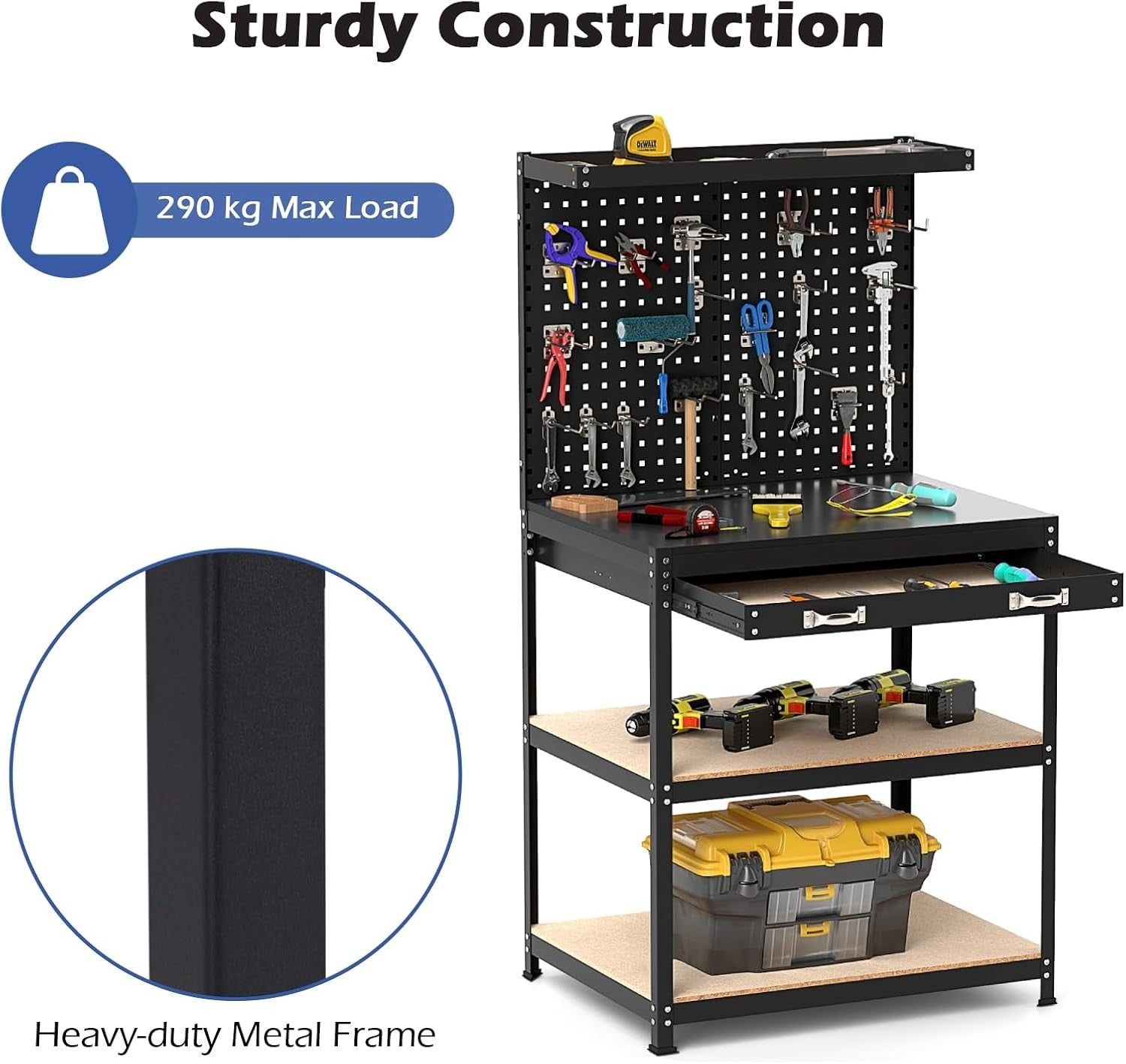 Heavy Duty Garage Workbench with Pegboards Drawer Shelves 290kg Tool Station