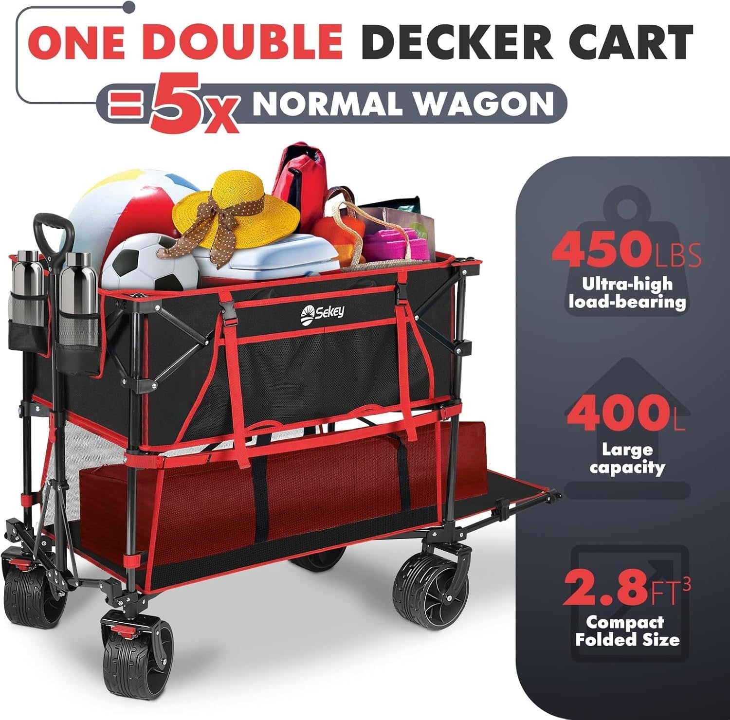 Red Black 400L Double Decker Folding Wagon Extra Long 450lbs All-Terrain Cart