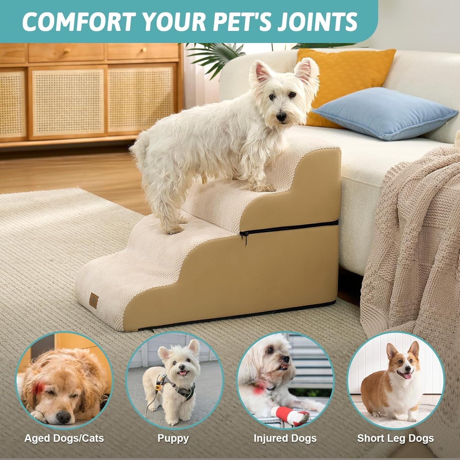 Dog Stairs for Small Dogs 19.7in 4 Step Foam Pet Ramp Bed Sofa