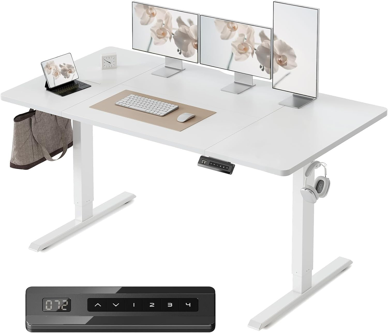 White 160x80cm Electric Standing Desk with 4 Memory Presets & Quiet Motor