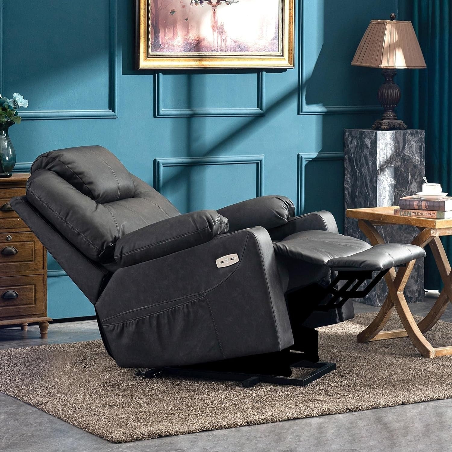 Grey Riser Recliner Chair Lift Assist Heated Massage USB Faux Leather