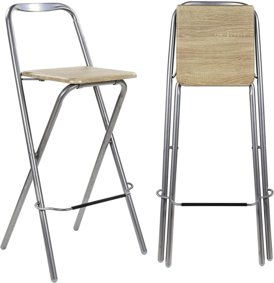 Folding Bar Stool Wooden Seat Metal Frame Space Saving Natural