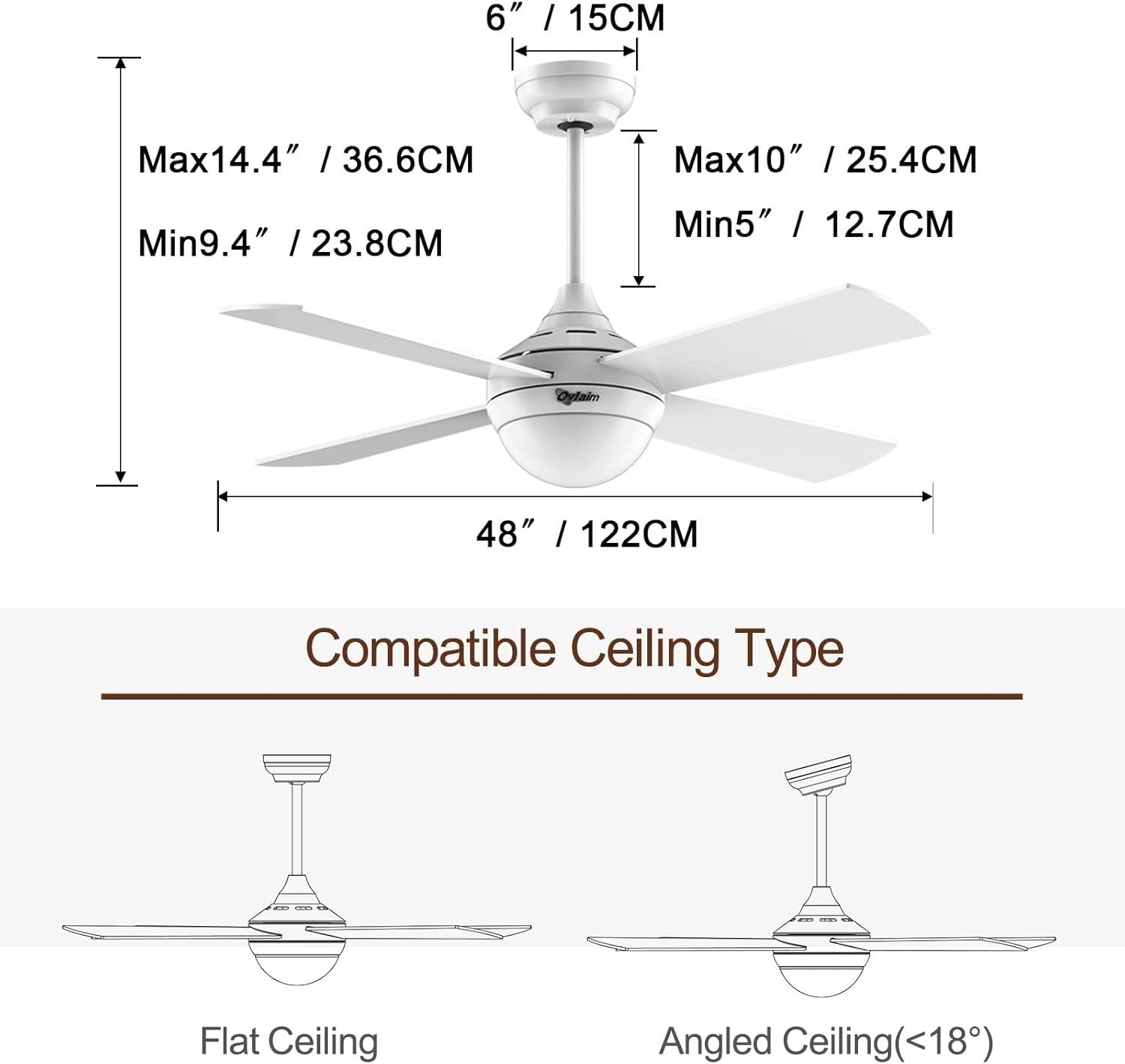 Ovlaim 48-Inch Ceiling Fan with Light, 4 Blades, 3-Color LED, Remote Control