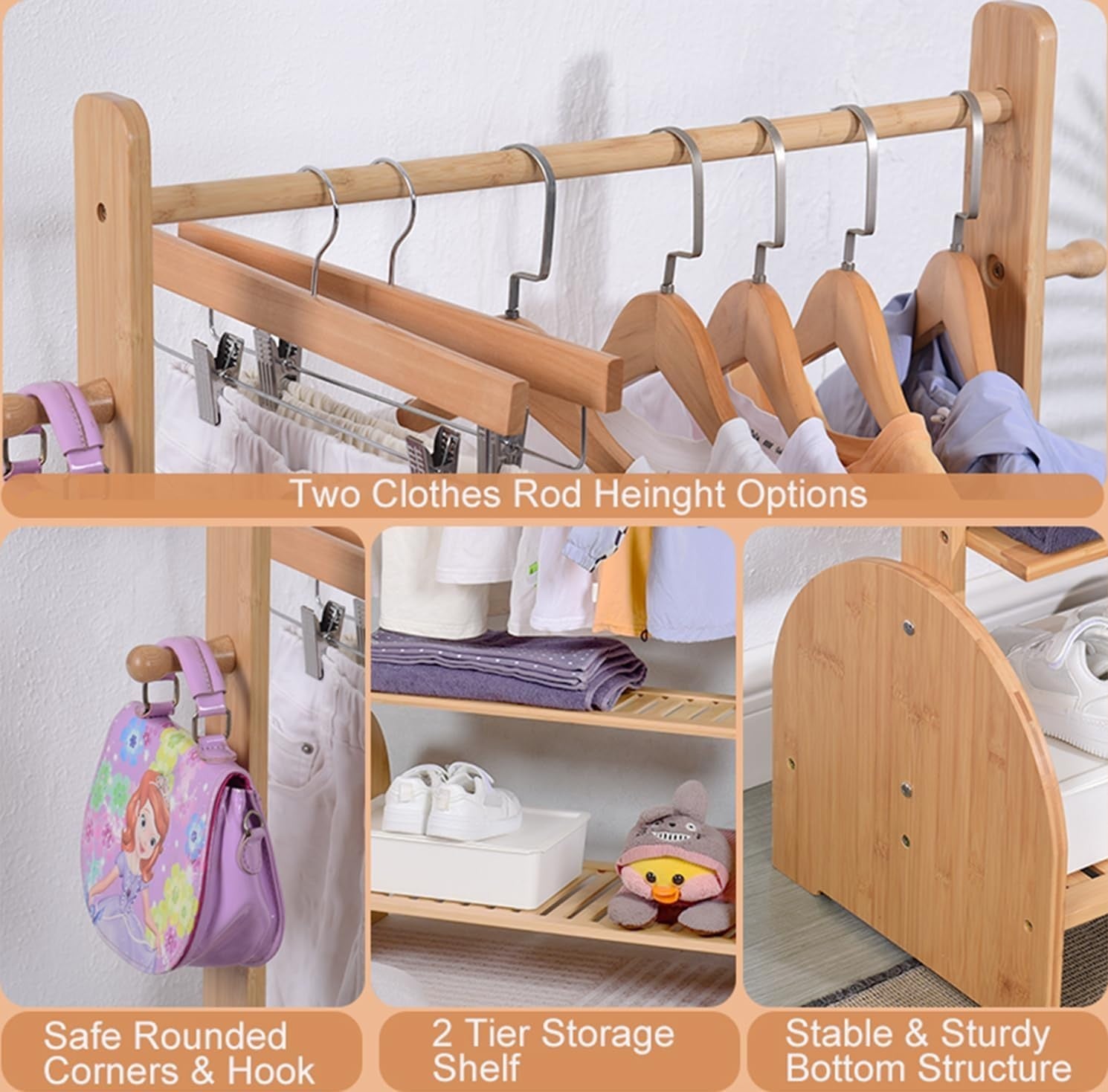 Kids Bamboo Clothing Rack with Adjustable Rods , Free-Standing Wardrobe