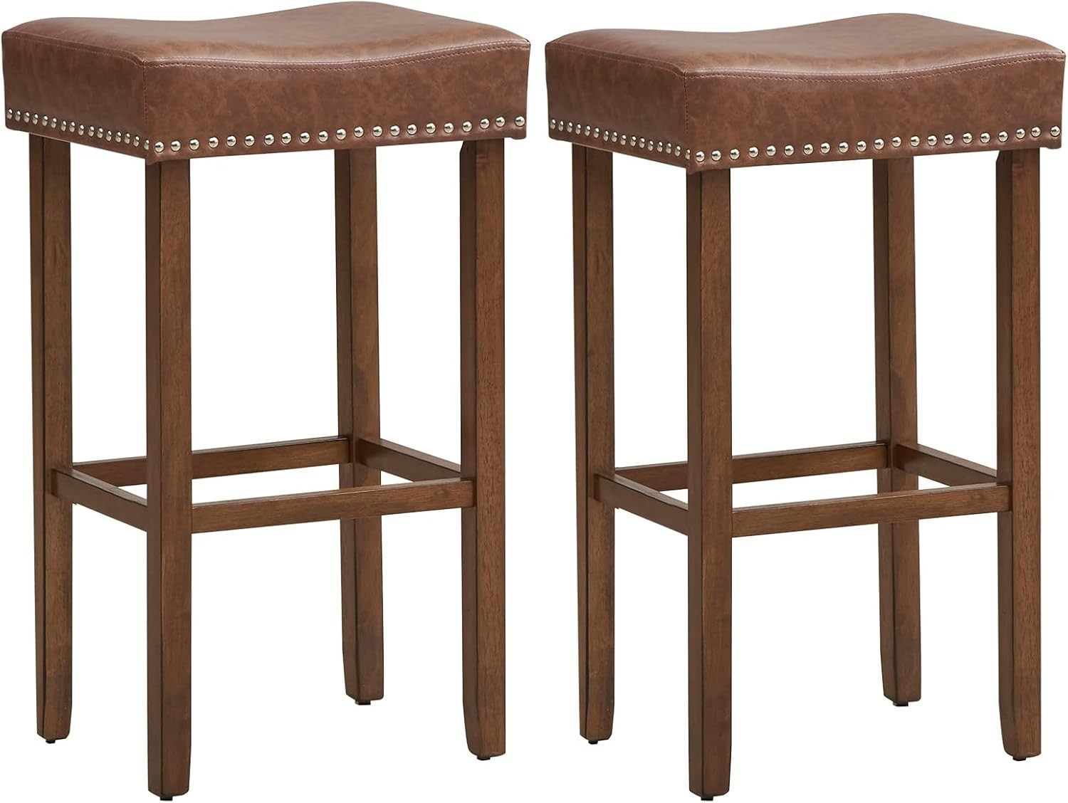 Brown Saddle Bar Stools Set of 2 – Solid Wood Counter Chairs
