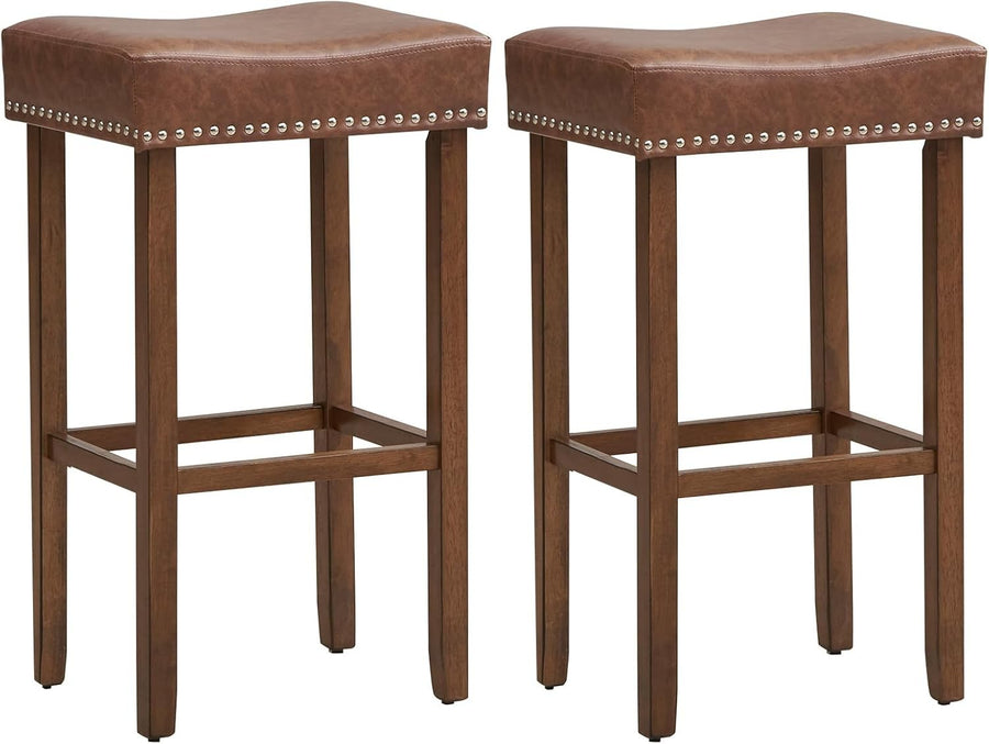 Brown Saddle Bar Stools Set of 2 – Solid Wood Counter Chairs