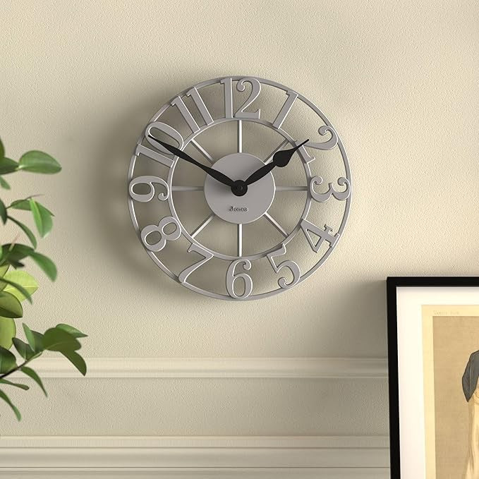 Grey 30cm Skeleton Wall Clock Silent Modern Raised Numerals Metal Home Decor