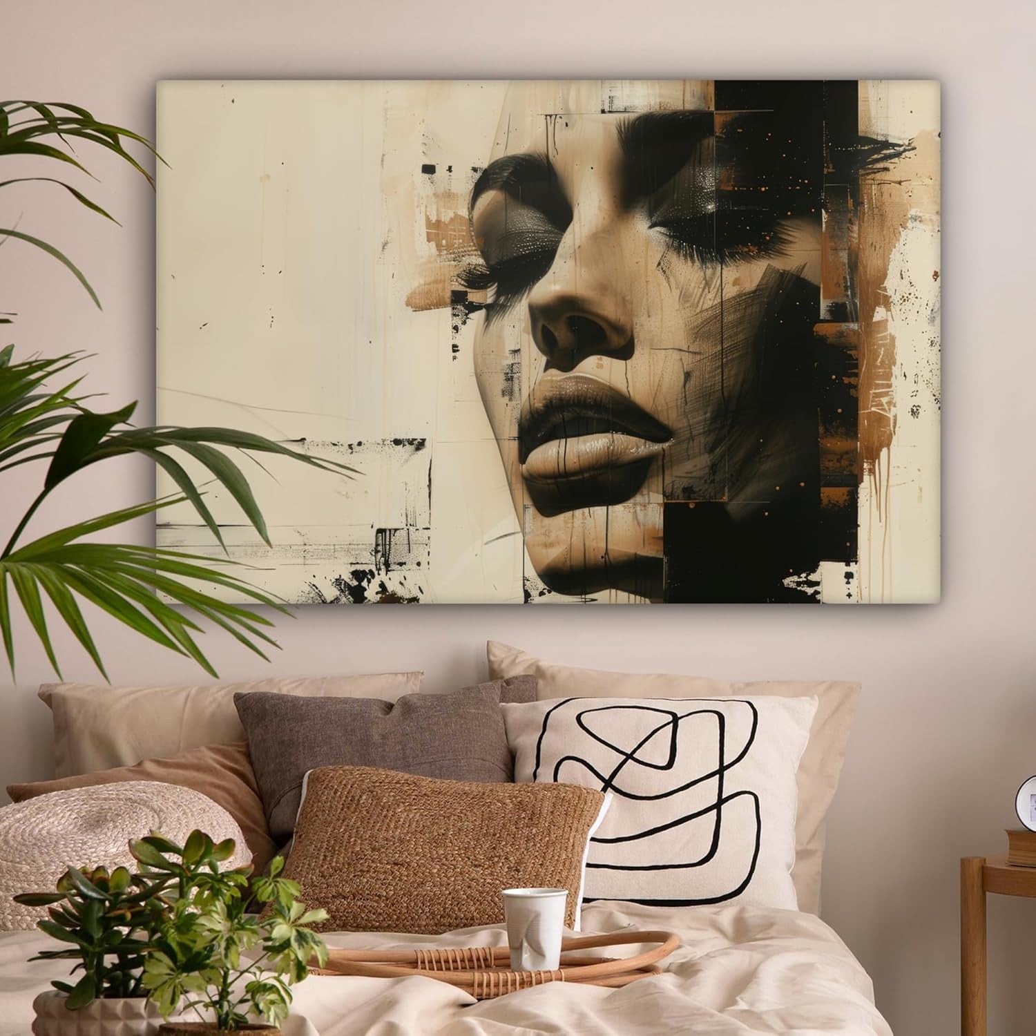Large Abstract Woman Canvas Wall Art 120x80cm Modern Beige Portrait Decor