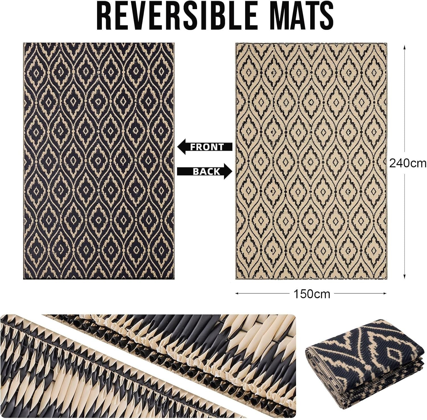Outdoor Waterproof Patio Rug UV Resistant Reversible Garden Mat 150x240cm