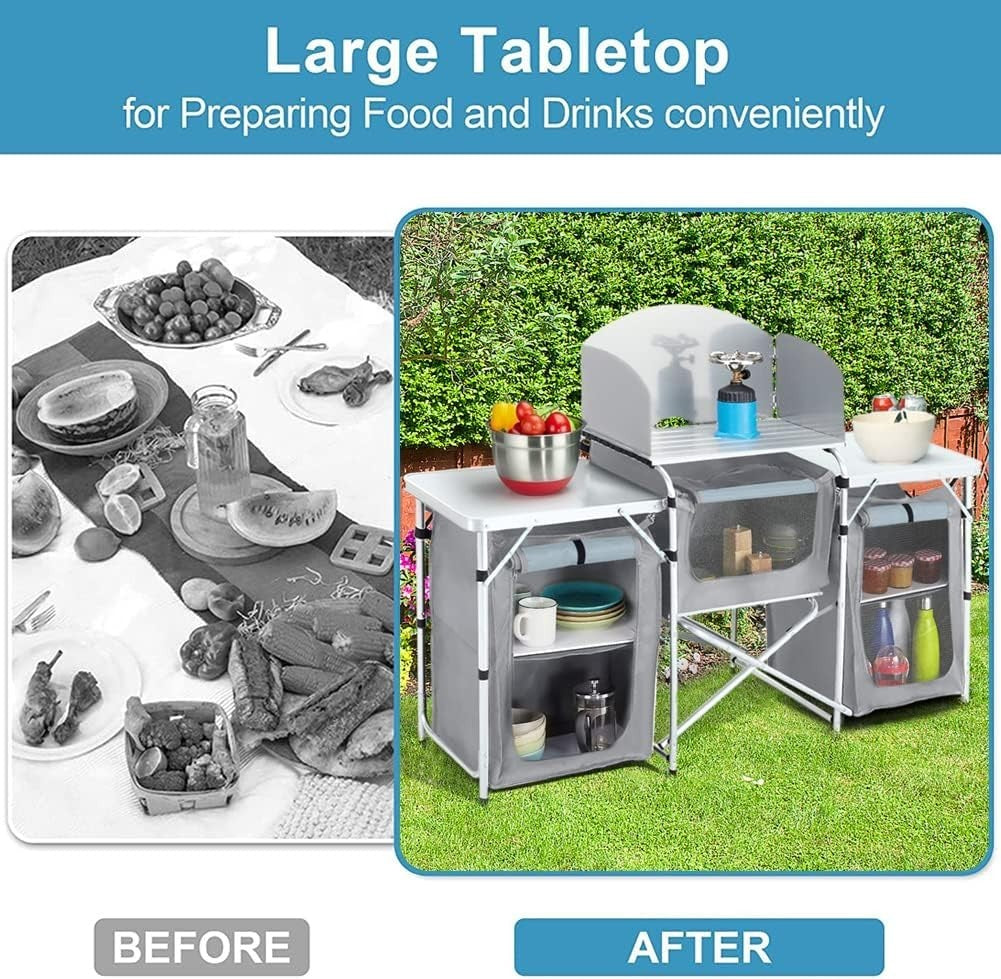 Portable Outdoor Camping Kitchen Storage Unit with Foldable Workspaces