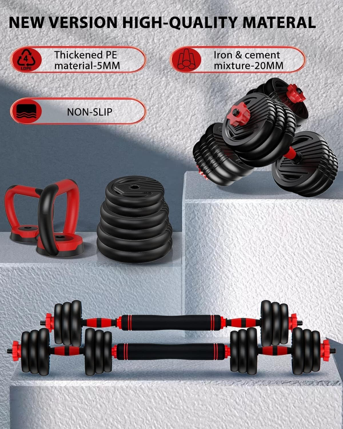 55LB Adjustable Dumbbells Set 4 in 1 Home Gym Barbell Kettlebell