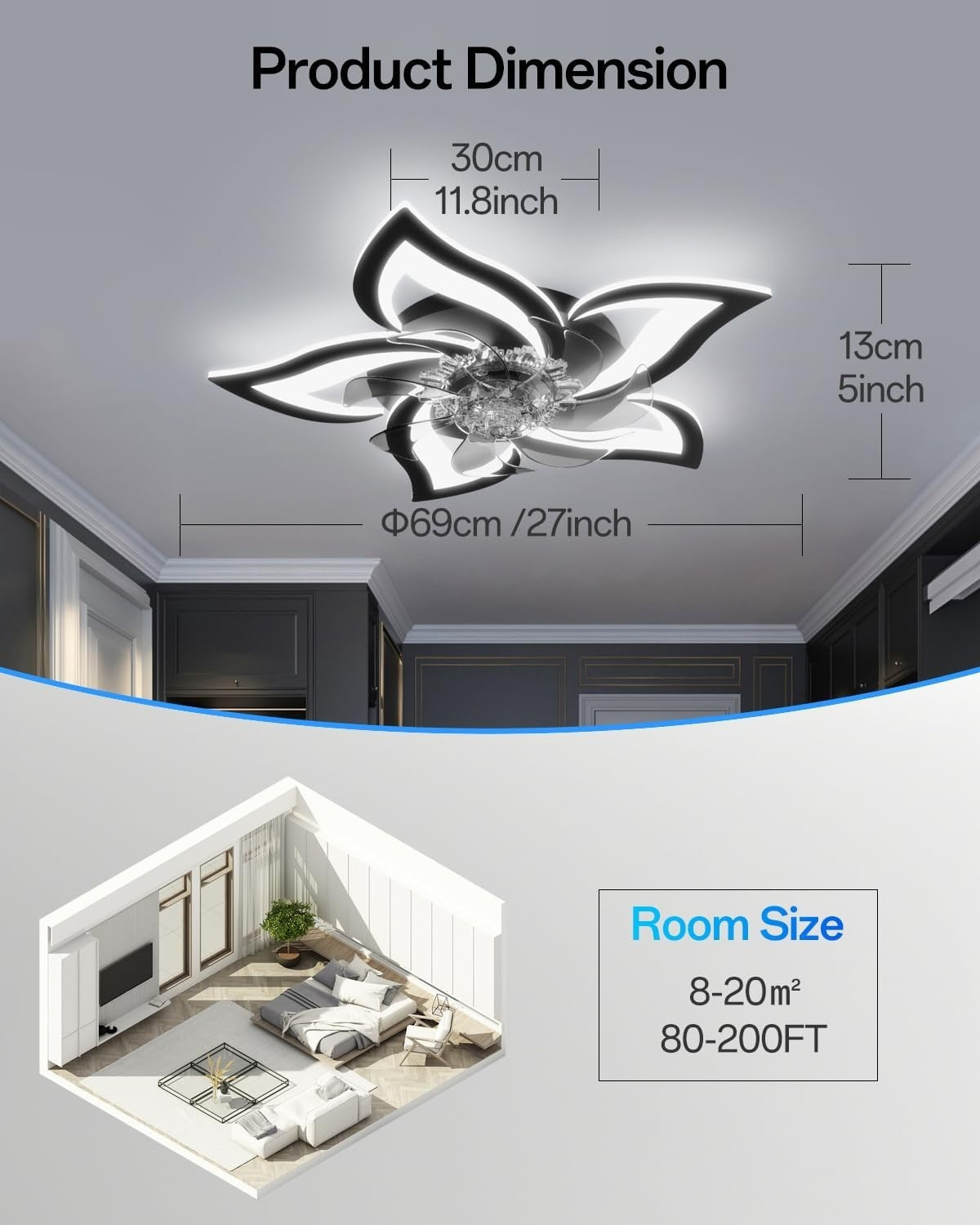 Smart Ceiling Fan with Lights, 6 Speeds, Dimmable LED, Black