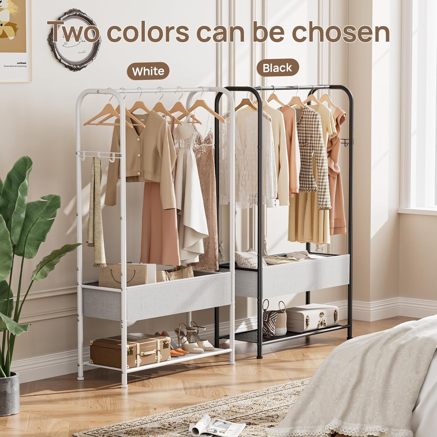 Tall Clothes Rail Black Metal Rack with Wheels, 183cm Height, Bottom Shelf