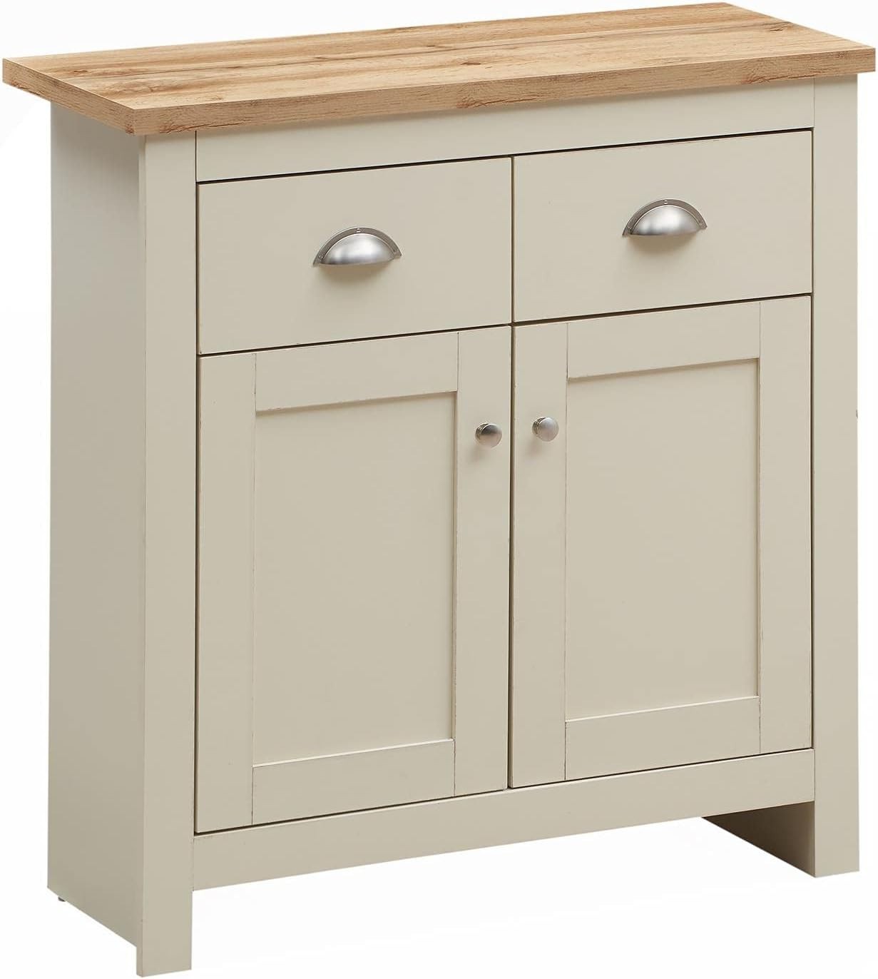 Compact Cream Oak Sideboard 2 Doors 2 Drawers Storage Cabinet Modern Wood