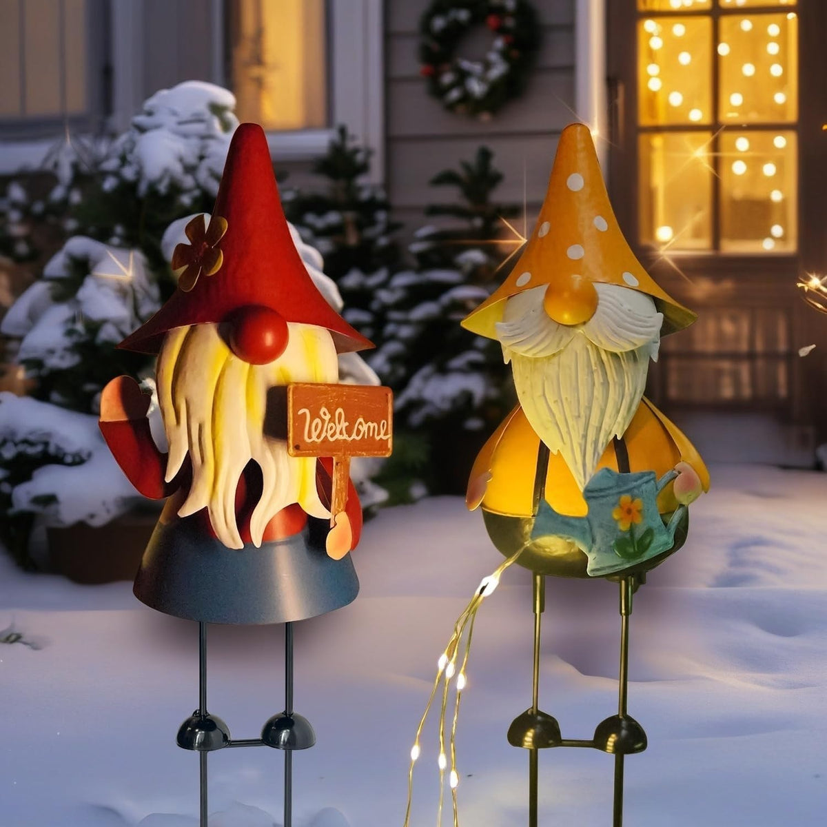 Solar Gnome Garden Ornaments Set of 2 Metal 18" Outdoor LED Watering Can Statues