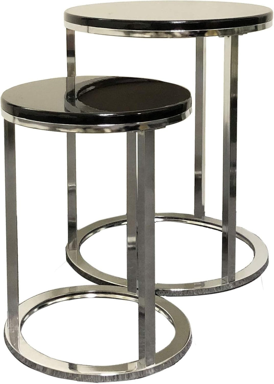 Round Nesting Tables Set of 2 Black/Chrome Metal Side End Coffee Table