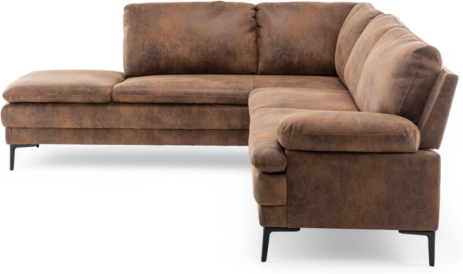 Brown Faux Leather 4-Seater L-Shaped Corner Sofa with Chaise, Plush Cushions
