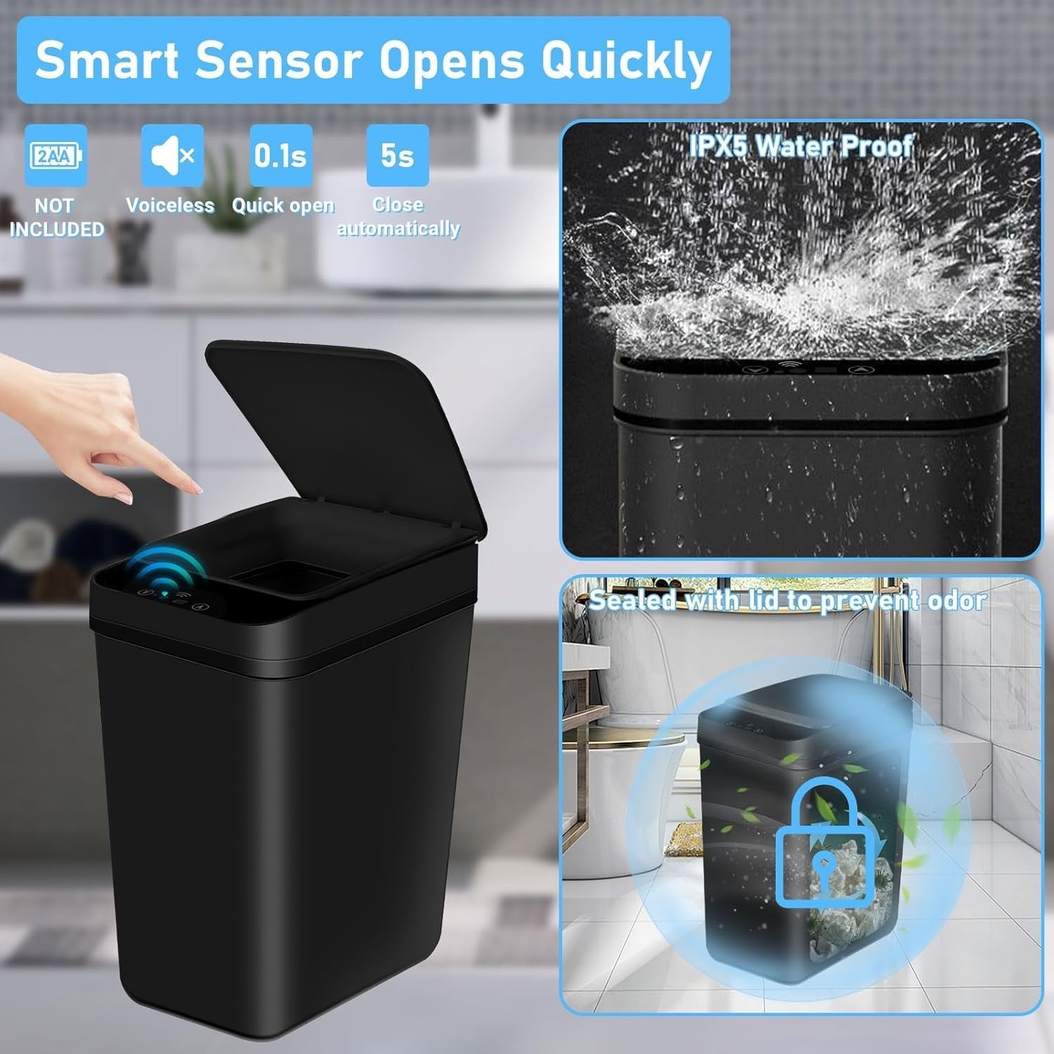2 Pack Touchless Motion Sensor Bins 12L & 18L Slim Black