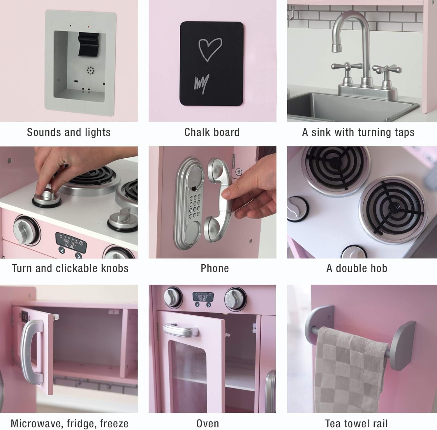 Large Wooden Kids Play Kitchen Pink Toy Set Lights Sounds Accessories
