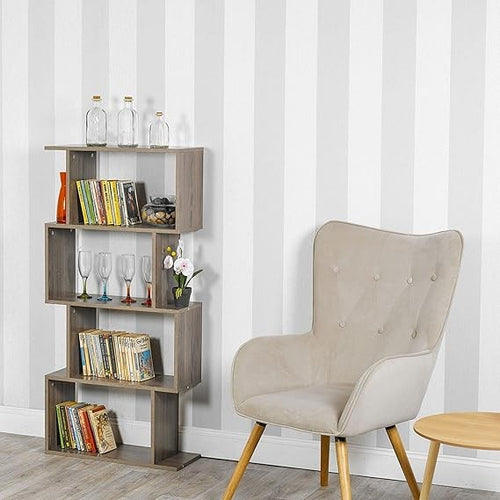 S-Shaped 4 Tier Grey Oak Bookcase Display Shelf Modern Storage Divider Unit