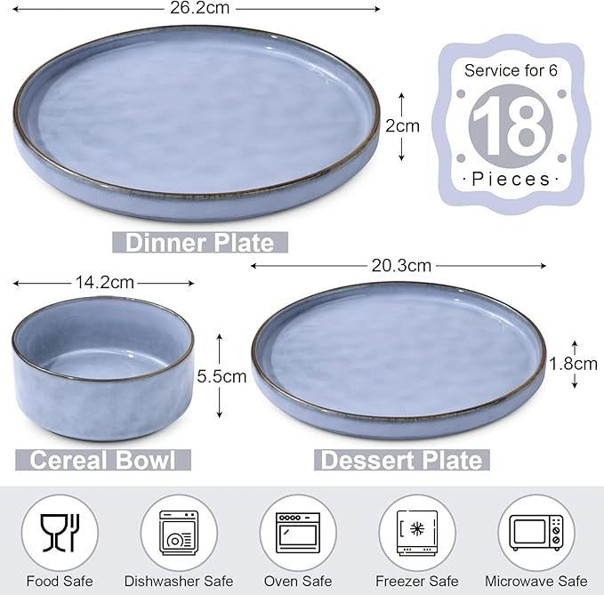 18pc Stoneware Dinner Set Plates Bowls Reactive Glaze Service for 6 Blue