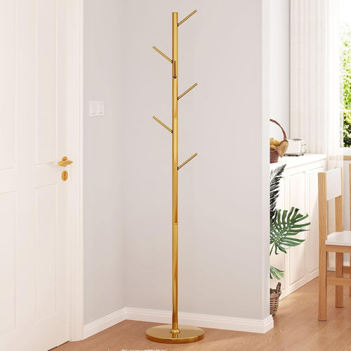 Gold Metal Coat Rack Stand 8 Hooks | Modern Freestanding Hall Tree 187cm