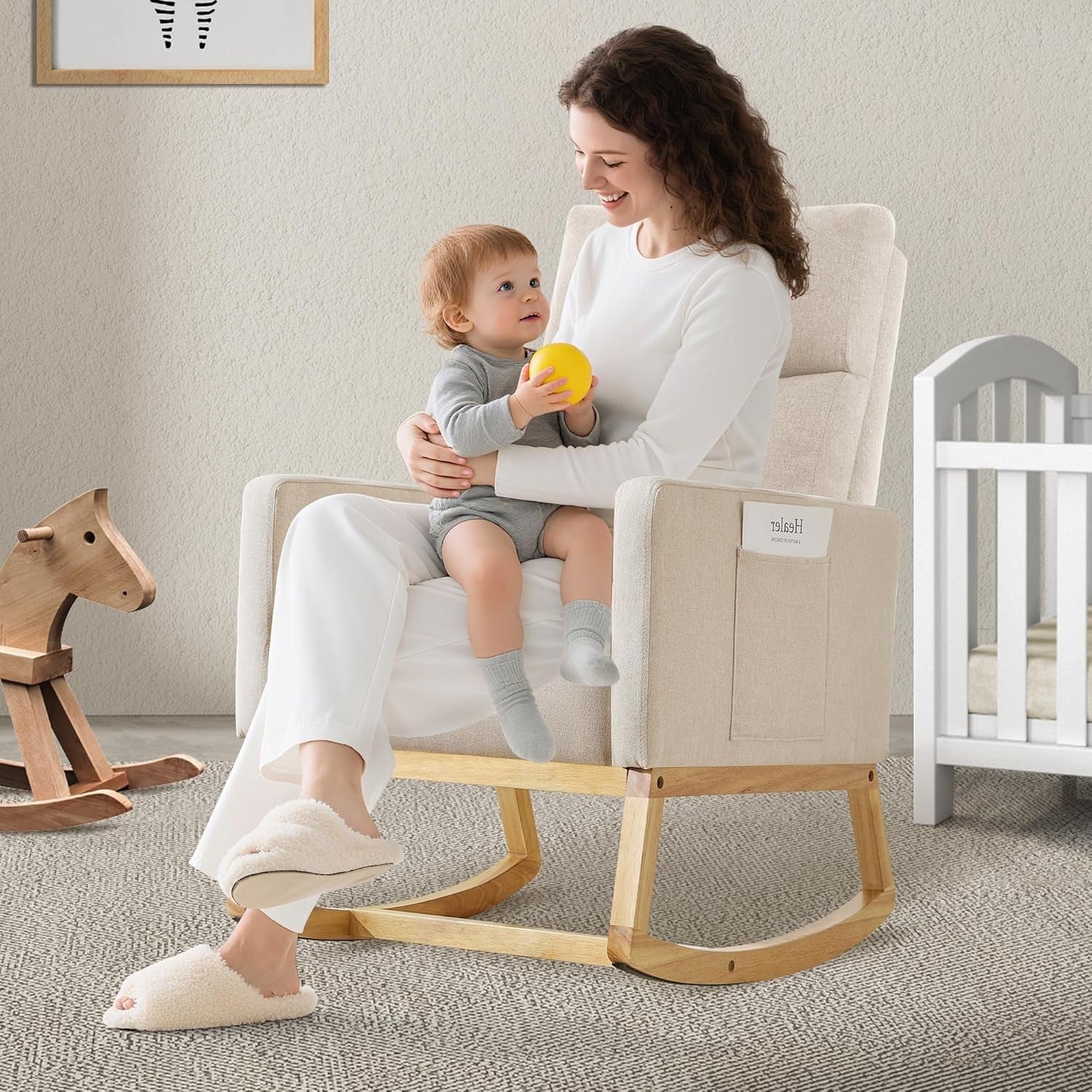 High Back Nursing Rocking Chair with Side Pockets & Durable Wood Base