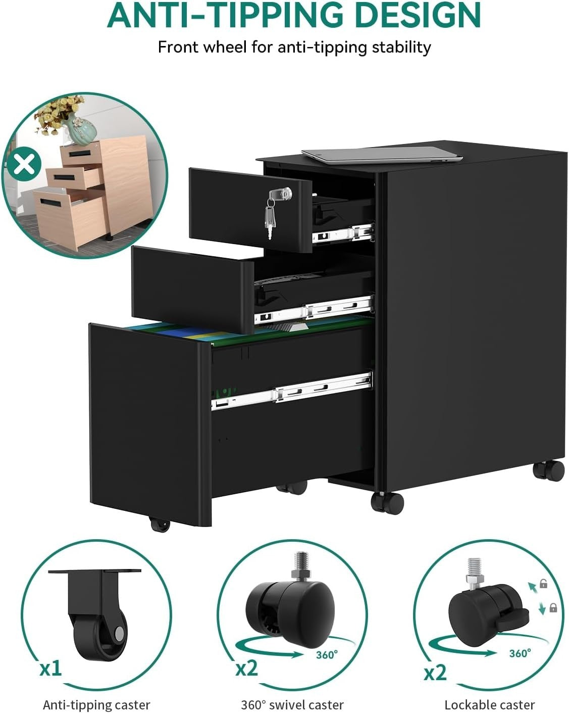 3 Drawer Mobile Filing Cabinet Lockable Steel A4 Letter Under Desk Black