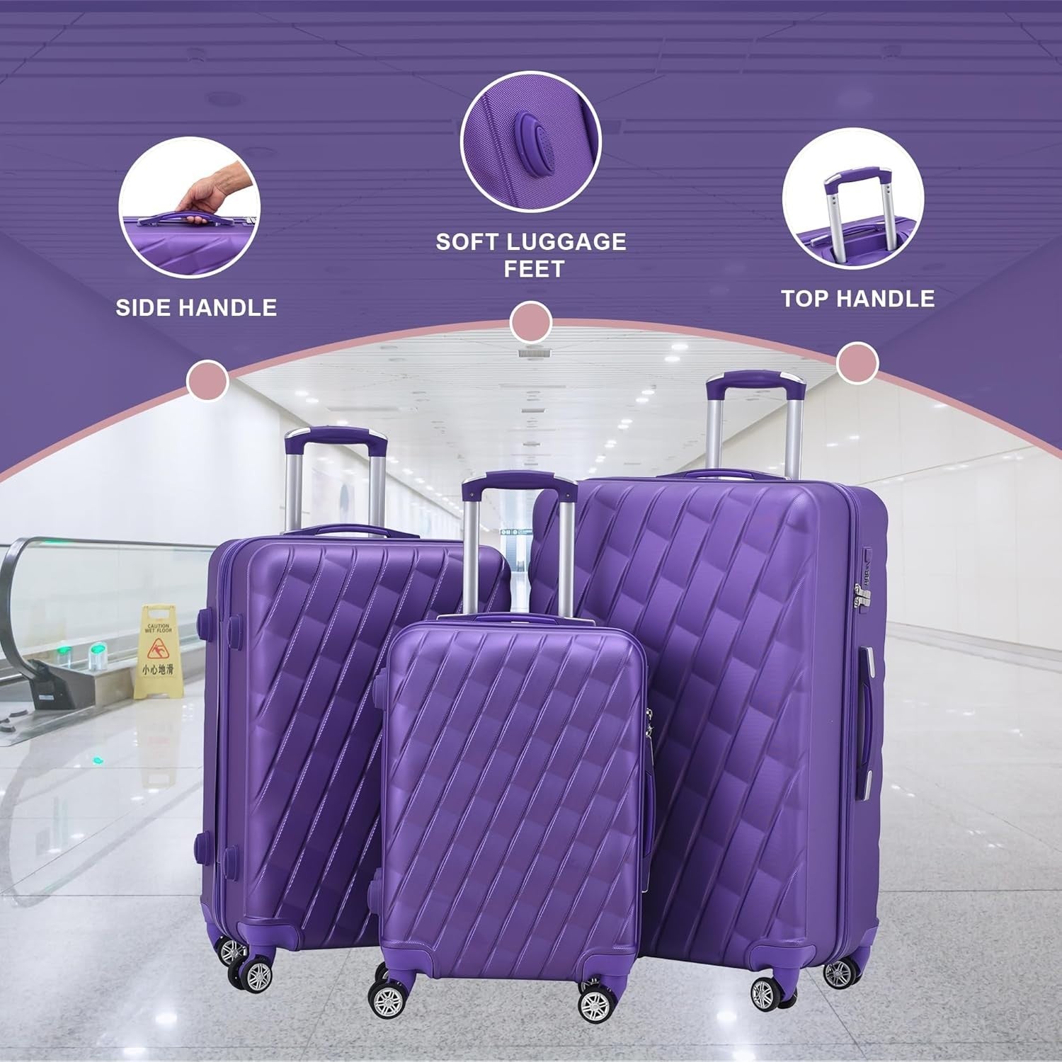 20 Inch Cabin Carry On Hard Shell Suitcase 4 Spinner Wheels Lock Purple