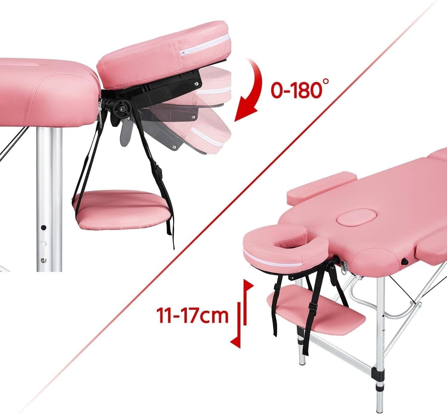 60cm 3-Section Portable Massage Table | Foldable Pink Lash Beauty Bed Aluminium