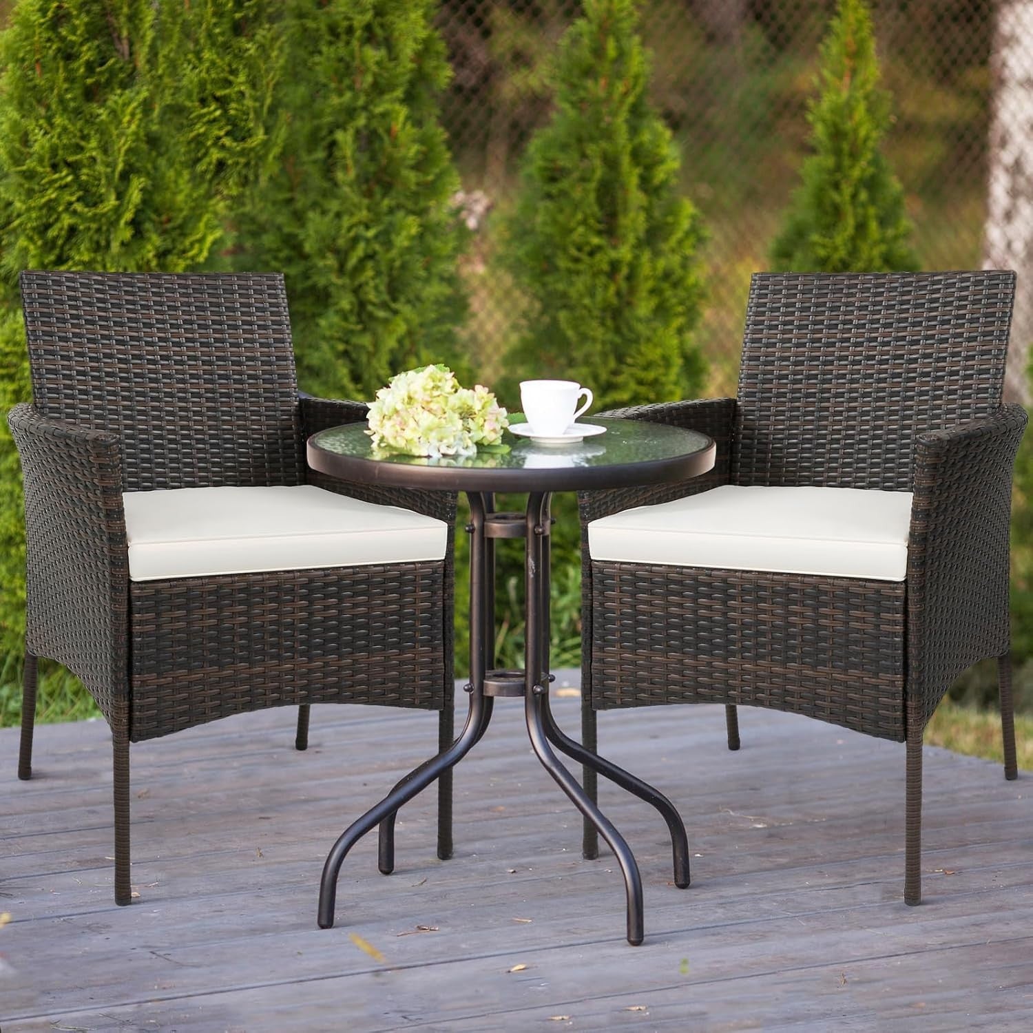Set of 4 Outdoor Rattan Dining Chairs Cushioned Patio Armchairs Garden