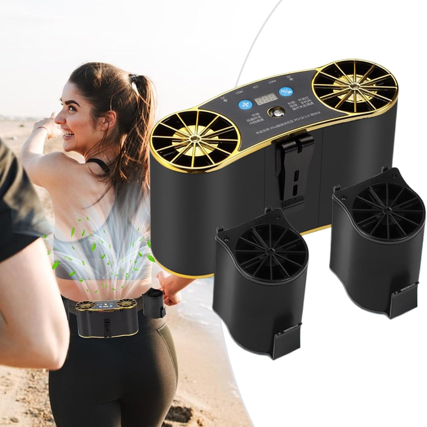 Black Waist Fan 20000mAh – USB Rechargeable Air Circulator w LED Light, 6 Speeds