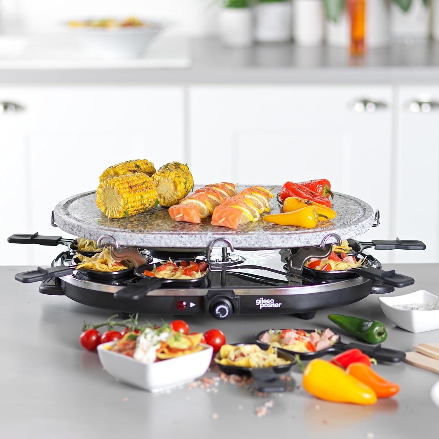 Indoor Stone Raclette Grill for 8 | Non-Stick Pans & Adjustable Heat Dial