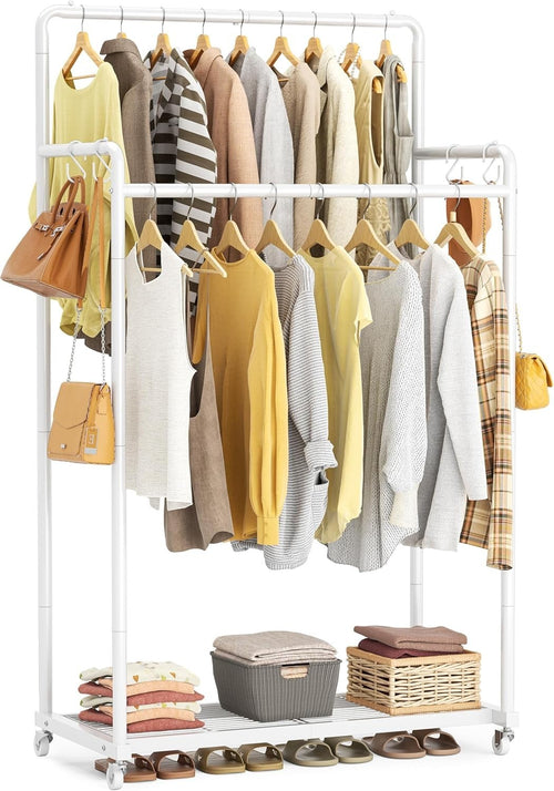 Double Clothes Rail 80KG Heavy Duty Rack With Shelf White