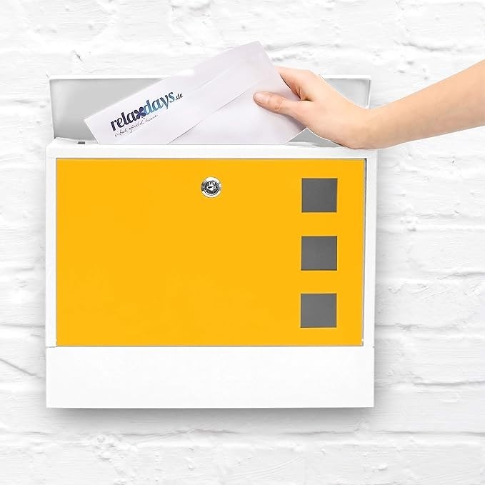 Lockable Wall Mounted Mailbox with Keys – Modern Metal Letterbox, White-Yellow