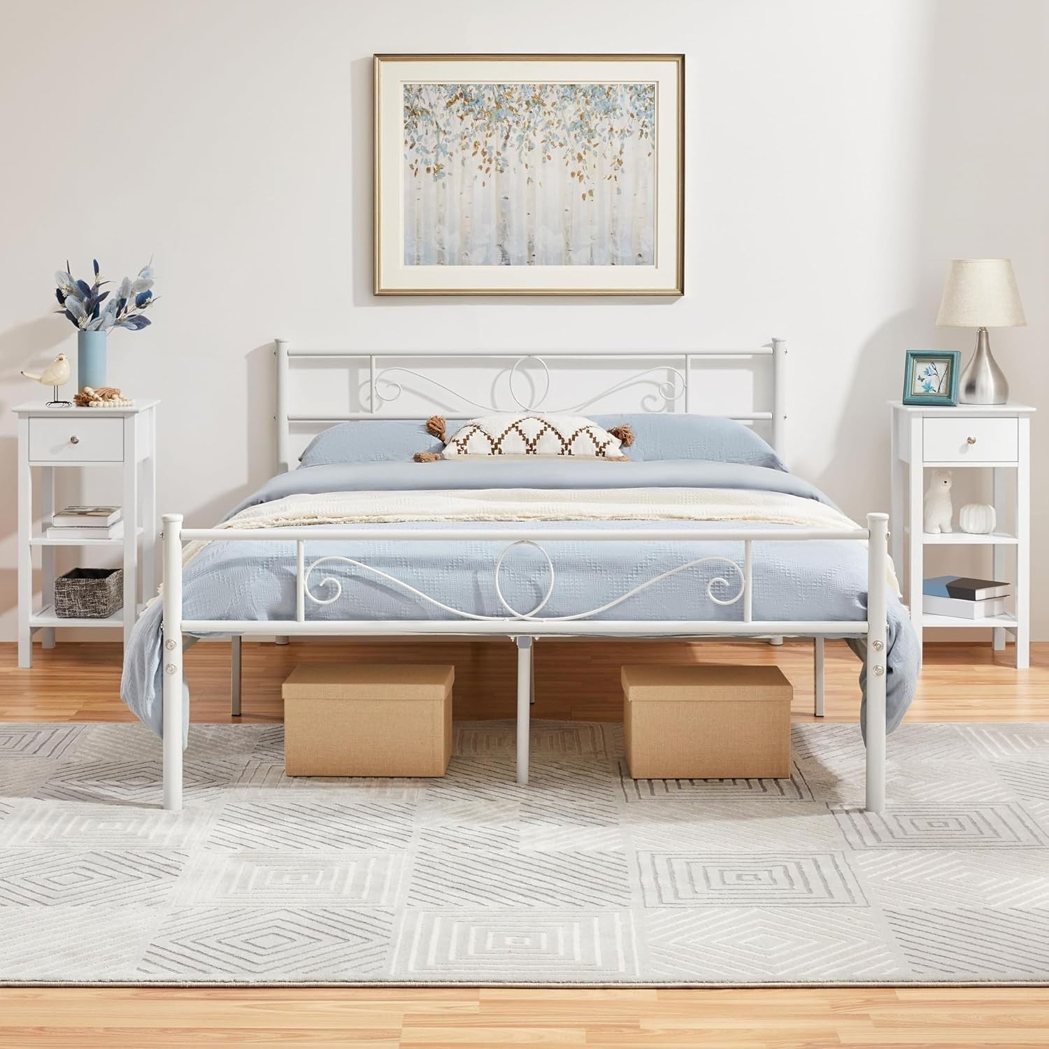 Set of 2 White Narrow Bedside Tables with Drawer & 2 Shelves | Slim Wooden