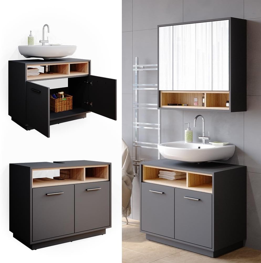 Anthracite Bathroom Sink Cabinet Vanity Storage Unit with Oak Shelves 80x64cm