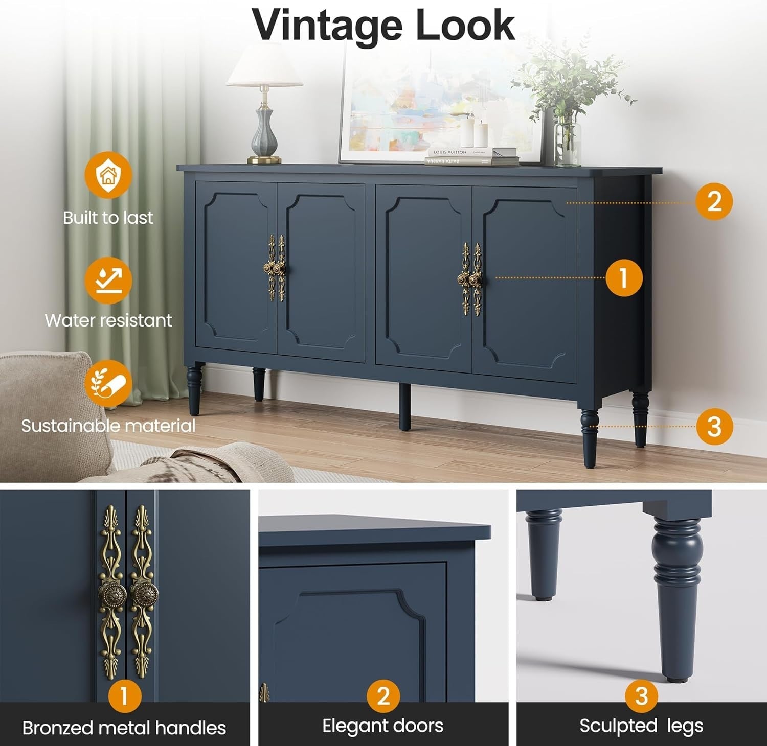 58" Mid Century Sideboard Cabinet with Storage, Adjustable Shelves, Blue