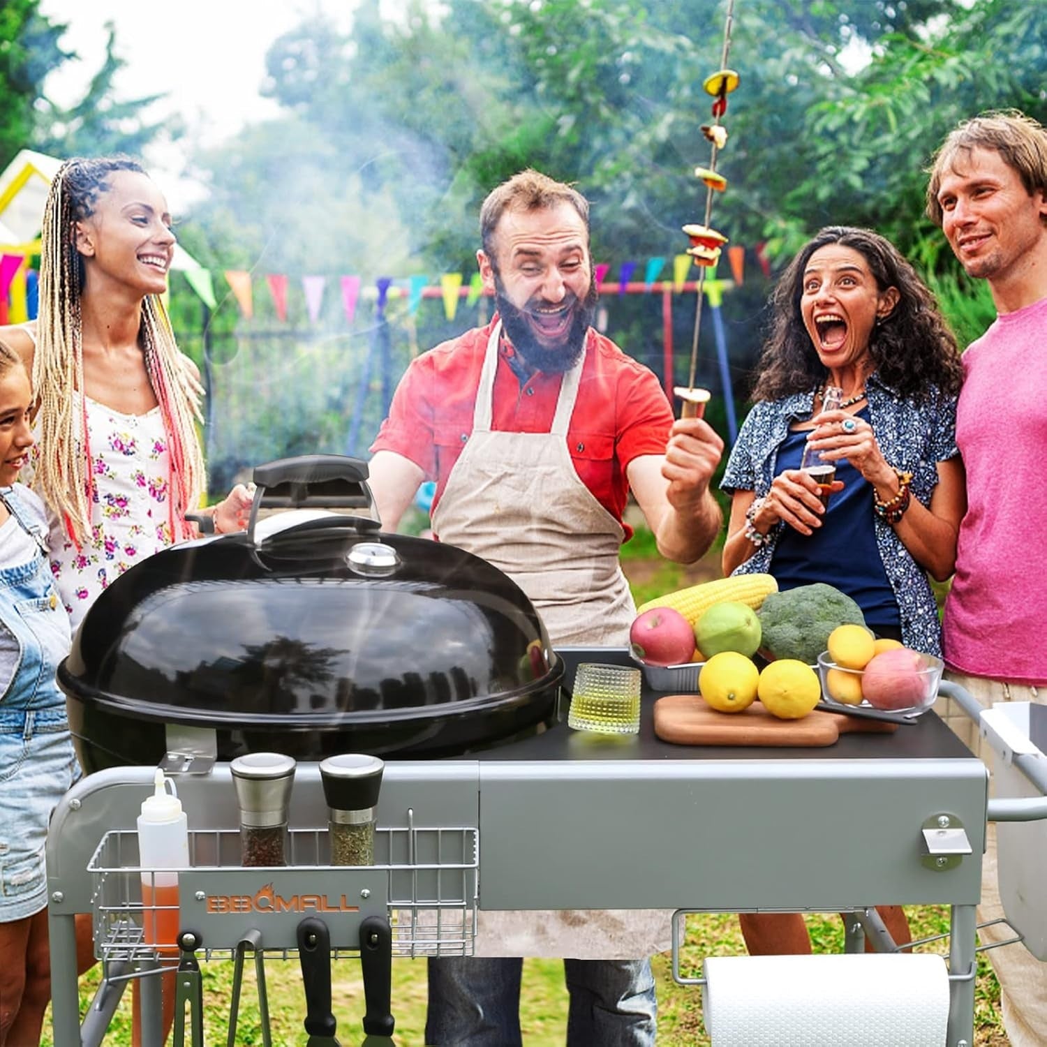Outdoor BBQ Grill Table Prep Station Cart for Charcoal Kettle Grill with Storage