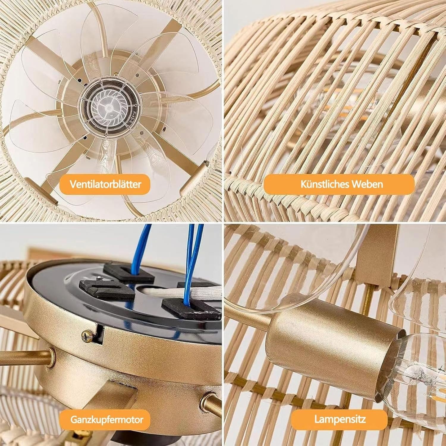 MiiR Rattan Ceiling Fan with Light, 6-Speed, Remote, Vintage Bamboo Design