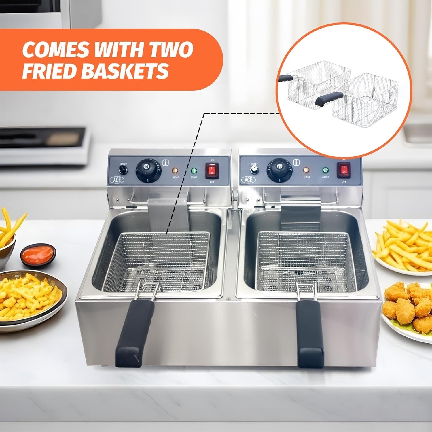 34L Double Deep Fat Fryer 6000W Commercial Dual Tank Stainless Steel