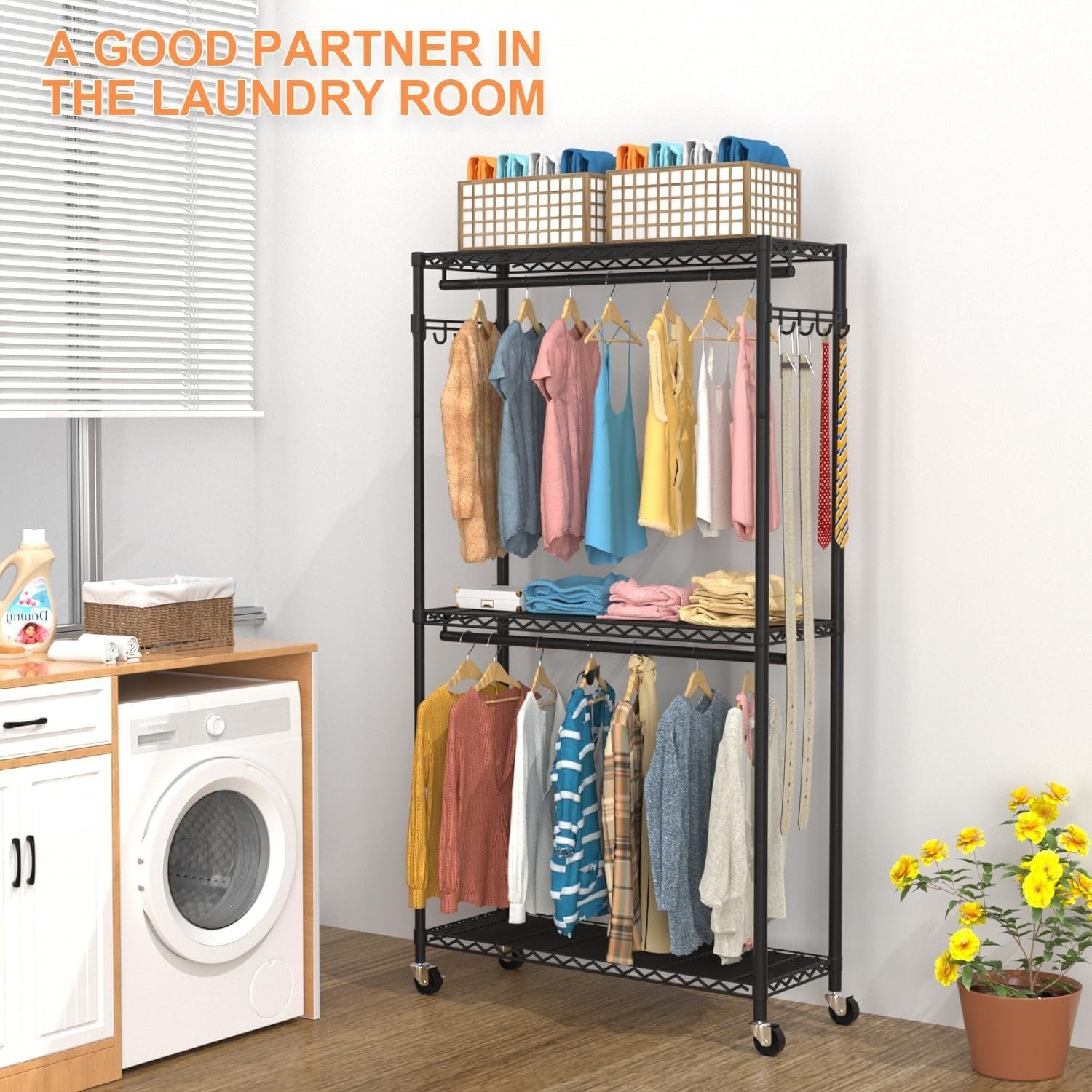 Heavy Duty 3-Tier Clothes Rail with Wheels & Double Rods – Black 90×40×200cm