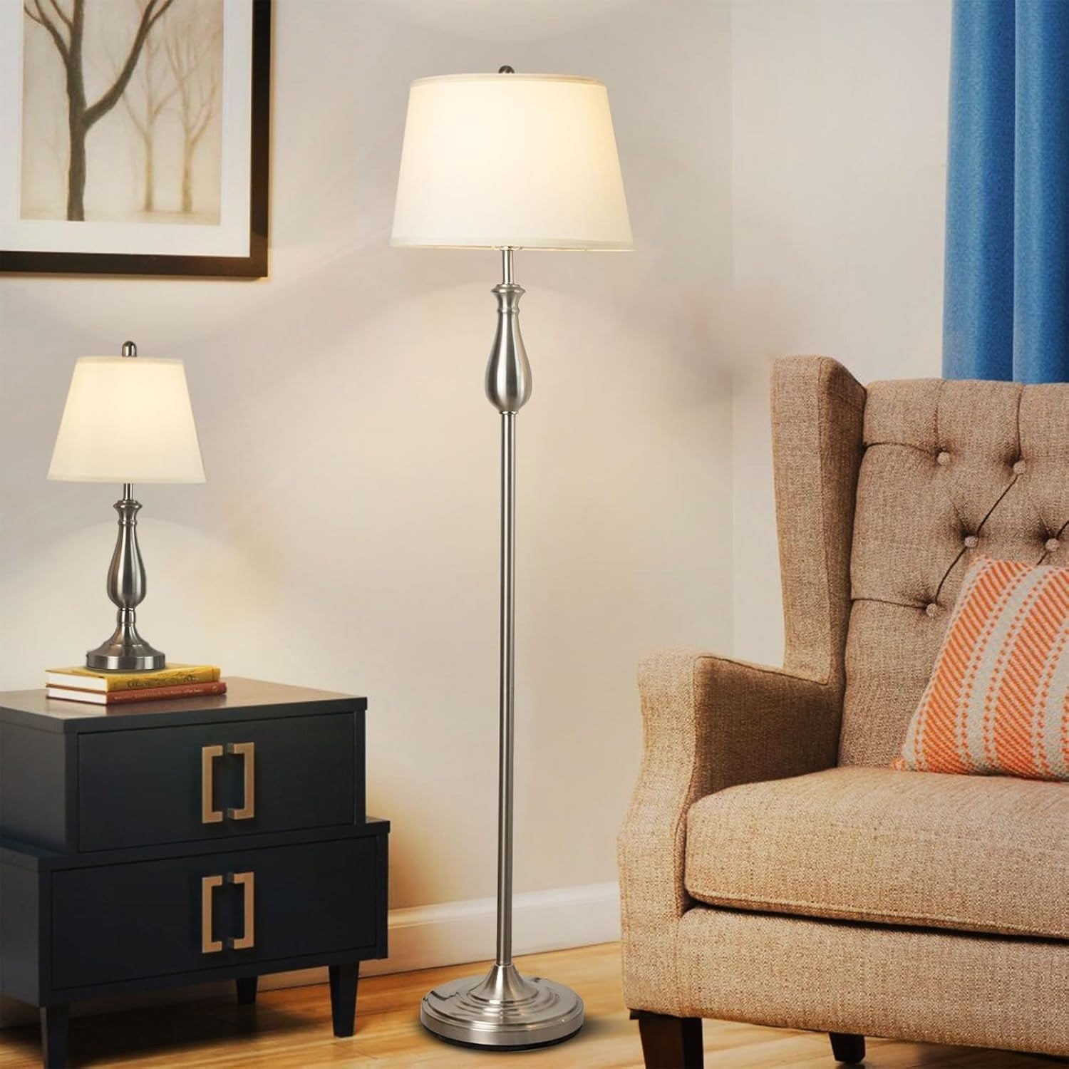 3-Piece Floor & Table Lamp Set with Soft Linen Shades, Silver, 51x25x51cm