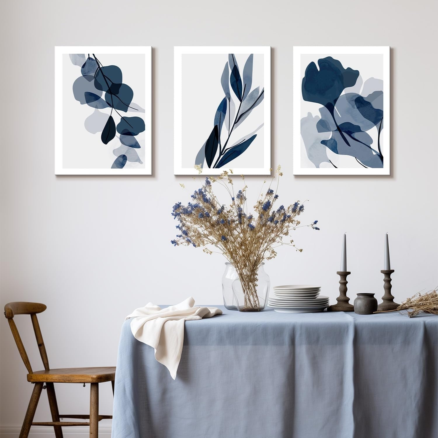 Framed Blue Flower Wall Art Set of 3 Botanical Prints 12x16in