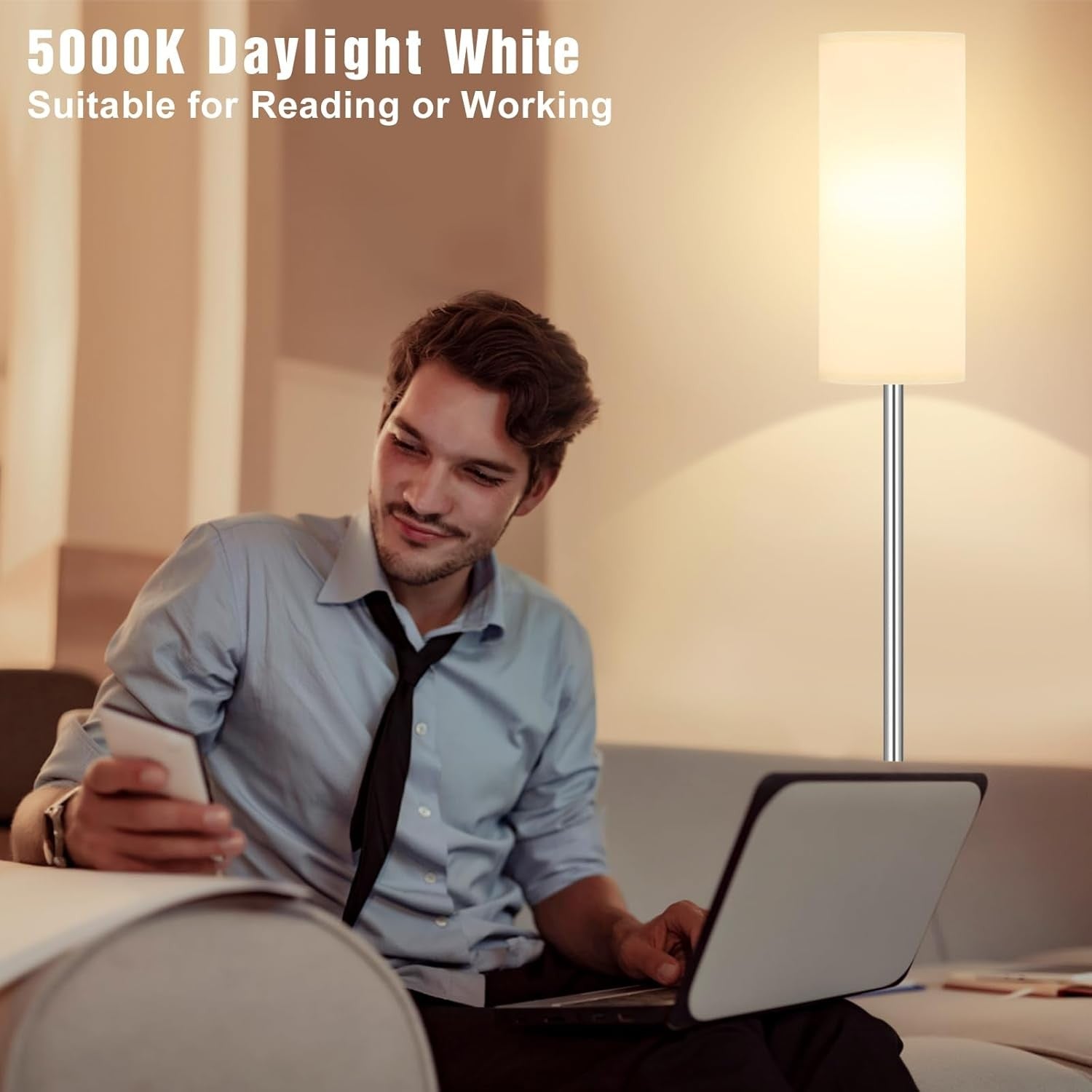 Modern Floor Lamp 64 Inch Standing Light White Shade Silver Pole Living Room