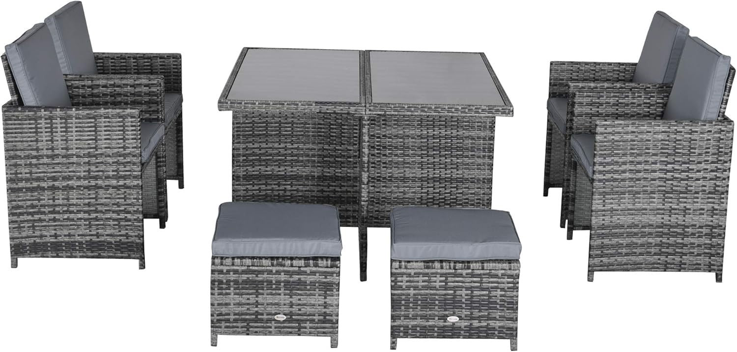 8 Seater Rattan Garden Dining Set with Cushions & Glass Table Patio Furniture