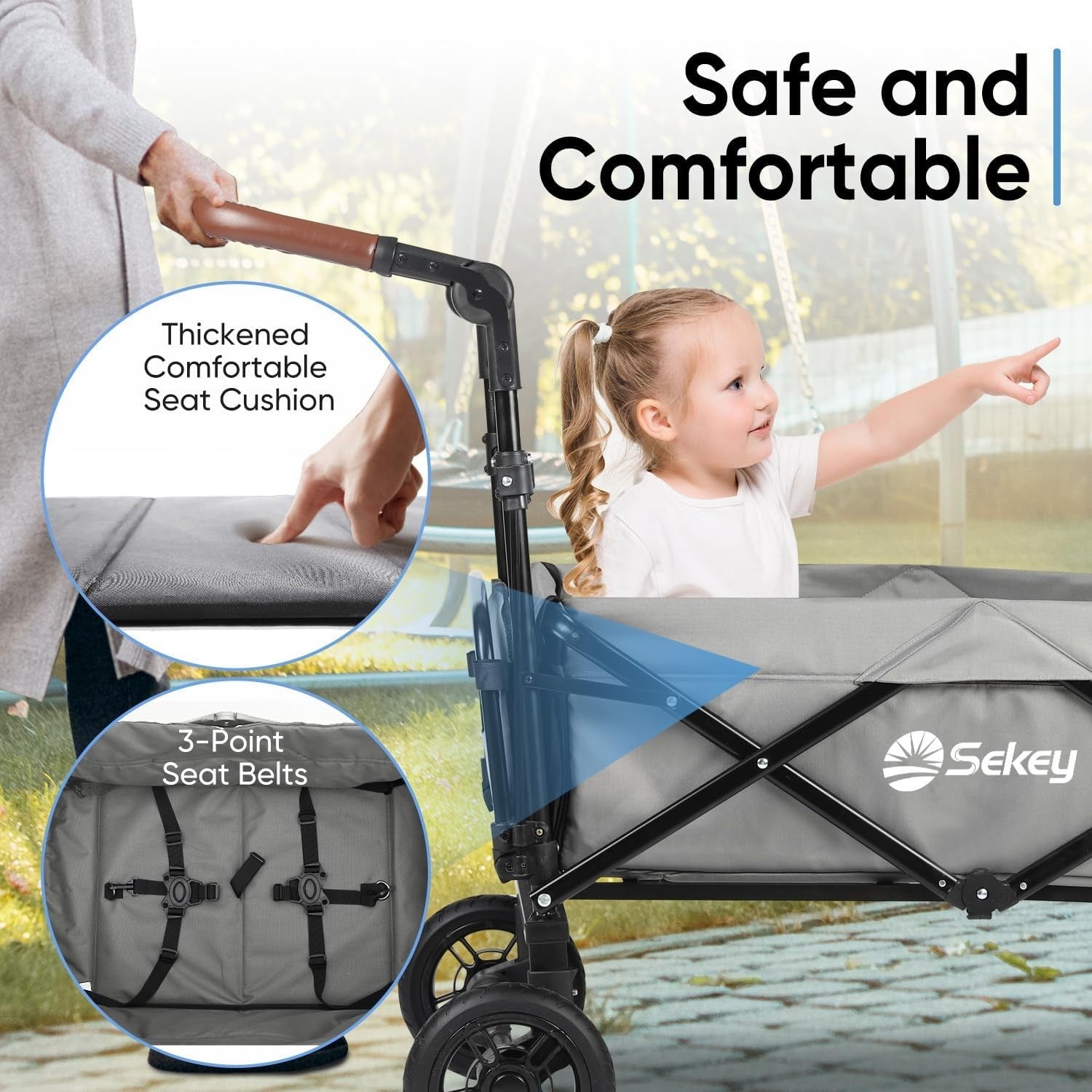 Grey Kids Folding Wagon with Canopy Shockproof Wheels 100kg Family Transport