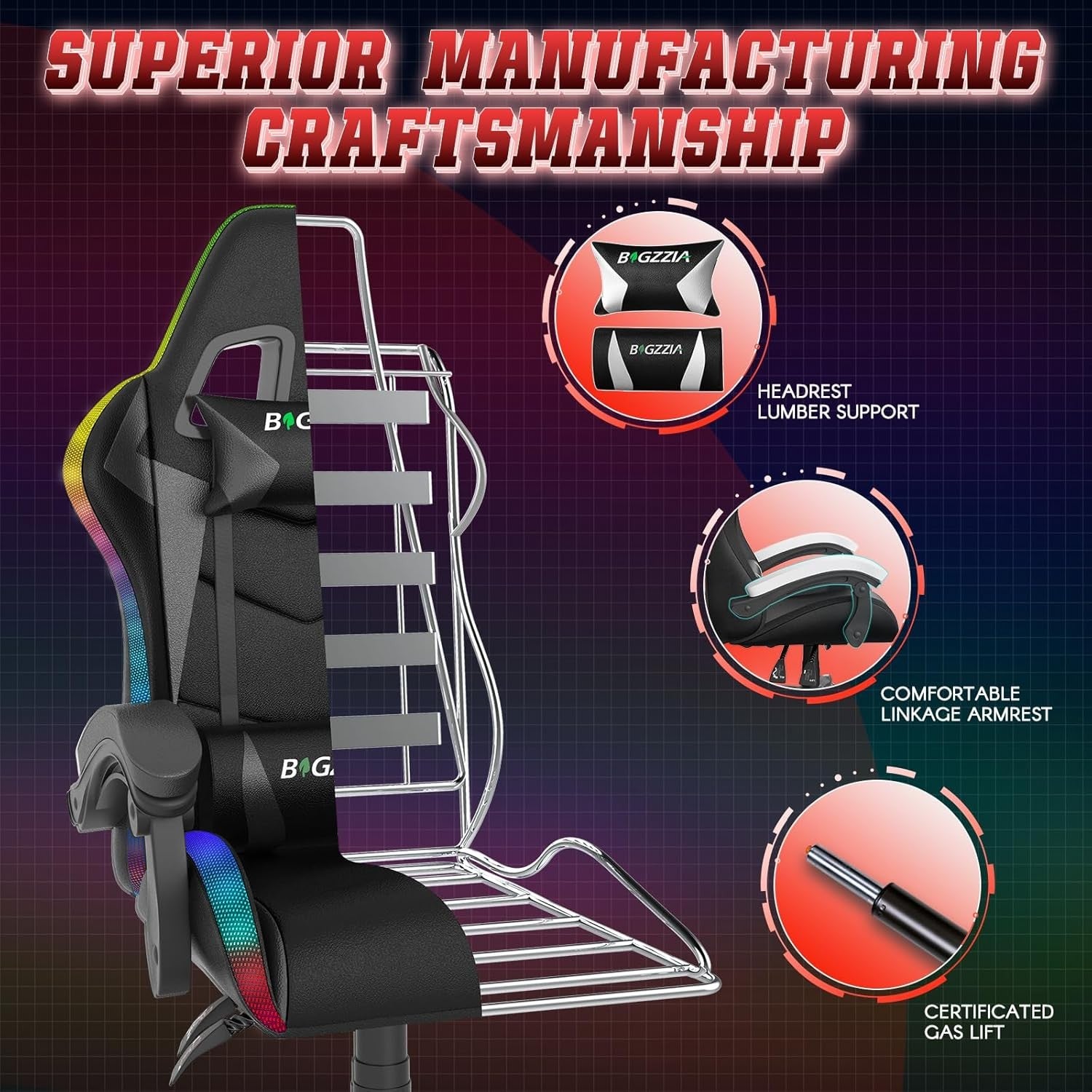 RGB Gaming Chair LED Lights Reclining PU Leather Swivel Black
