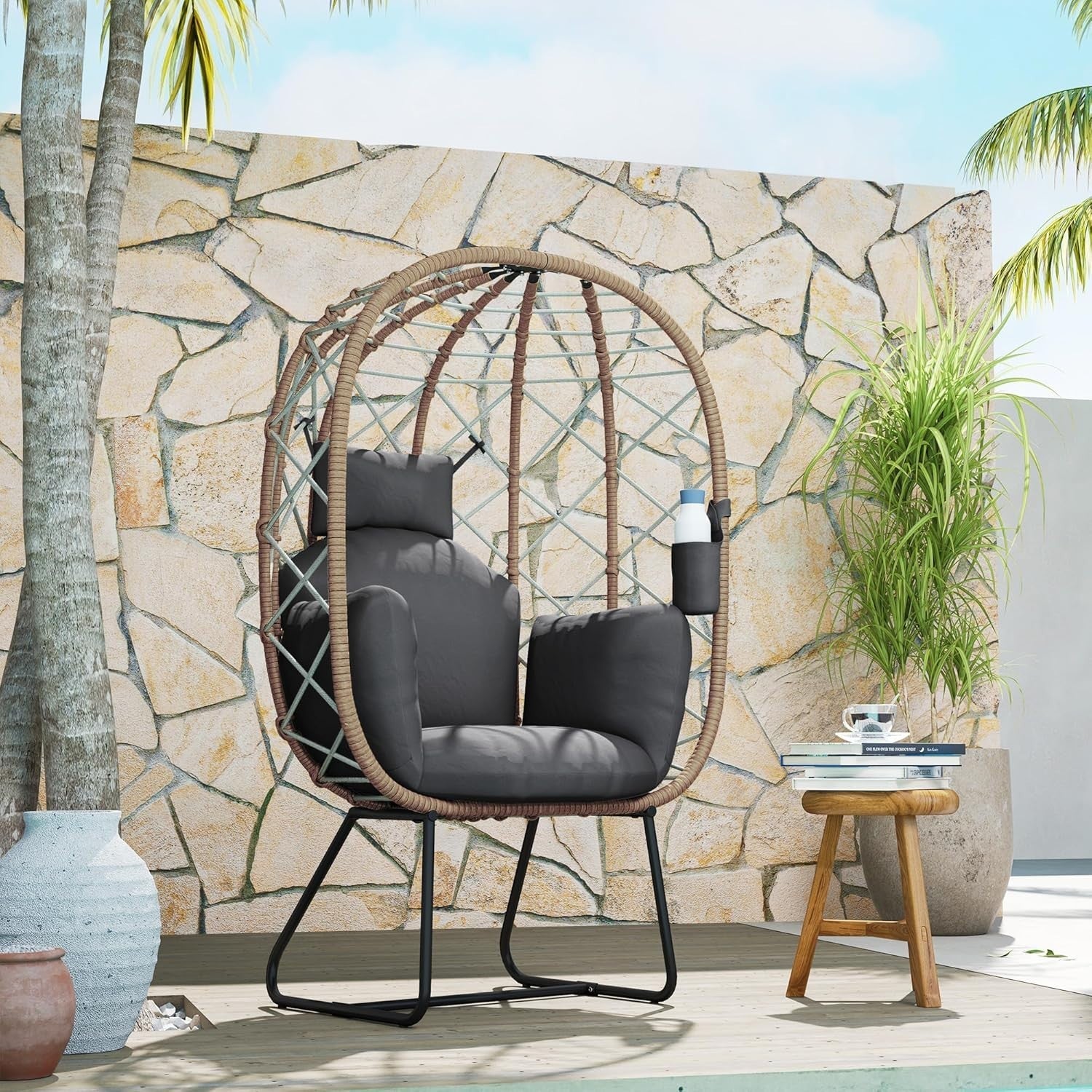 Rattan Egg Chair Outdoor Indoor Standing Wicker Lounge Chair with Cushion