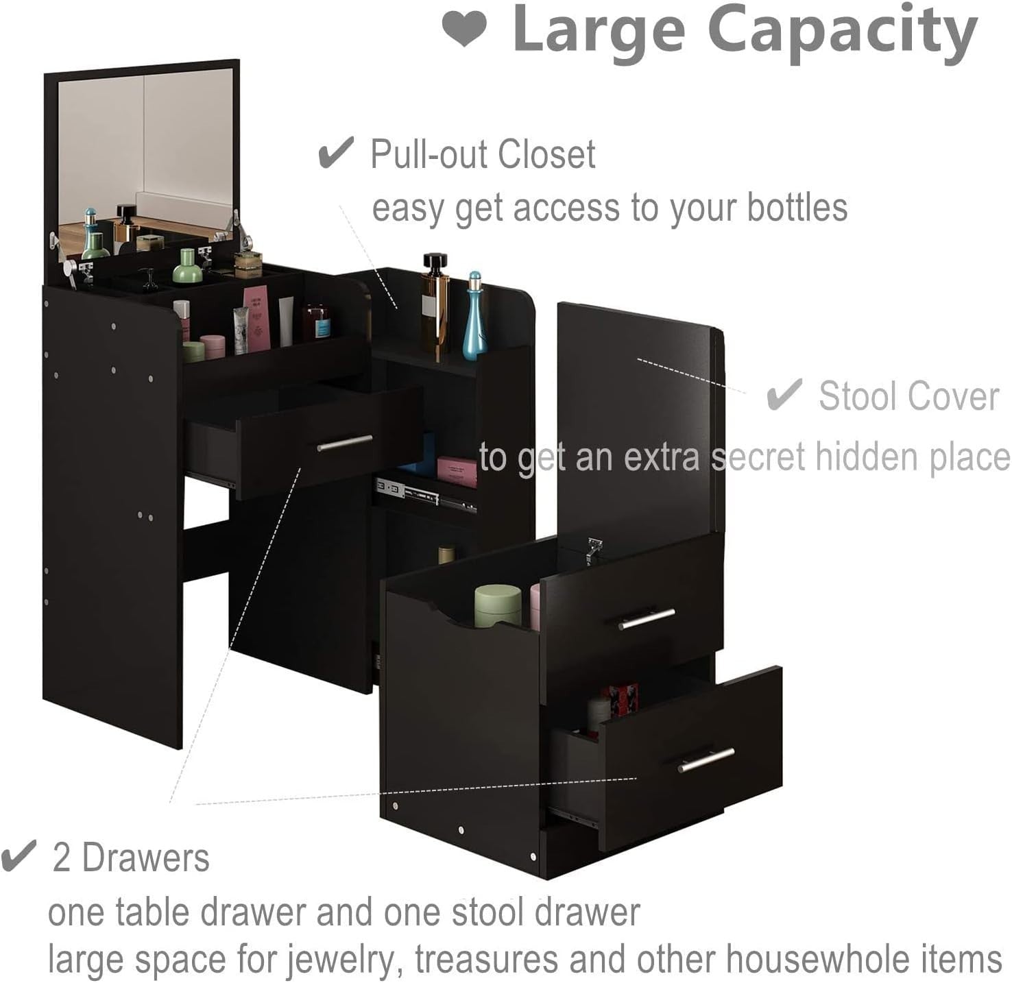 Vanity Set Dressing Table Flip Mirror 3 Drawers LED Lights Stool Makeup Desk Bla